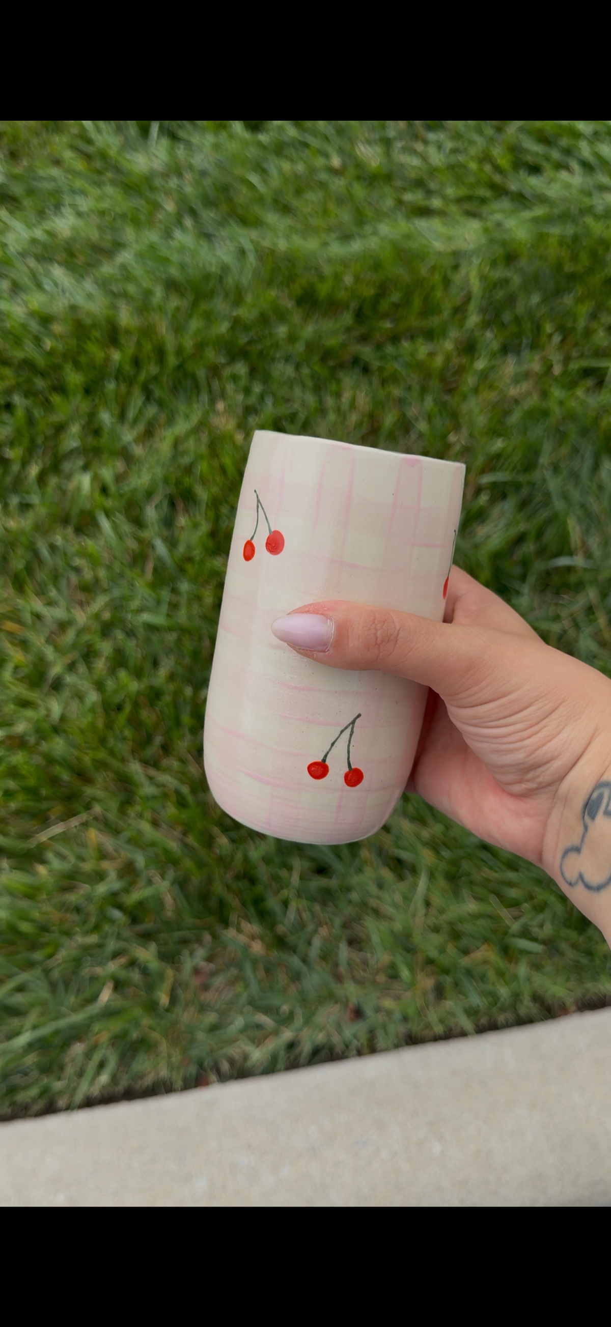 Pink gingham w/ cherries (two sizes)