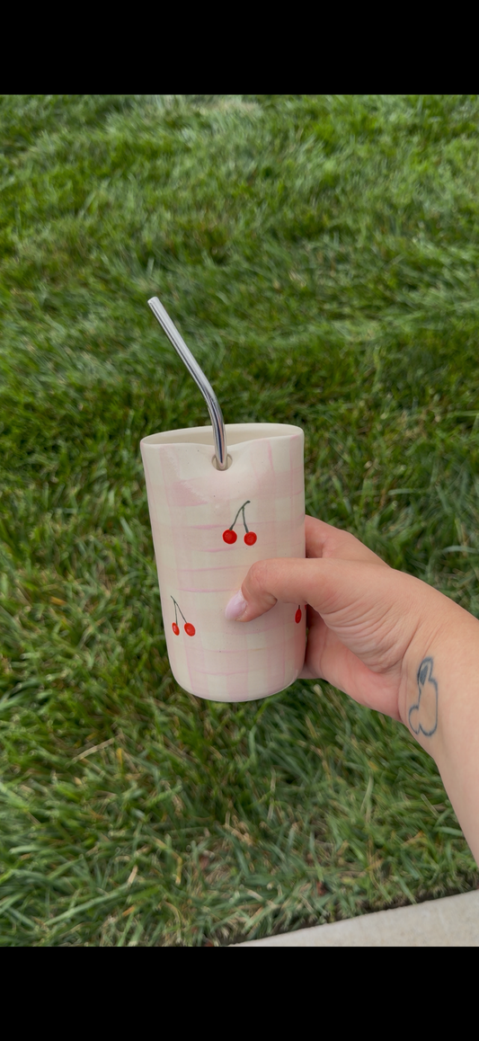 Pink gingham w/ cherries (two sizes)