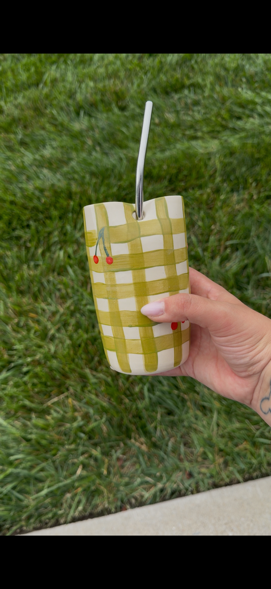 Green gingham w/ cherries (Two sizes)